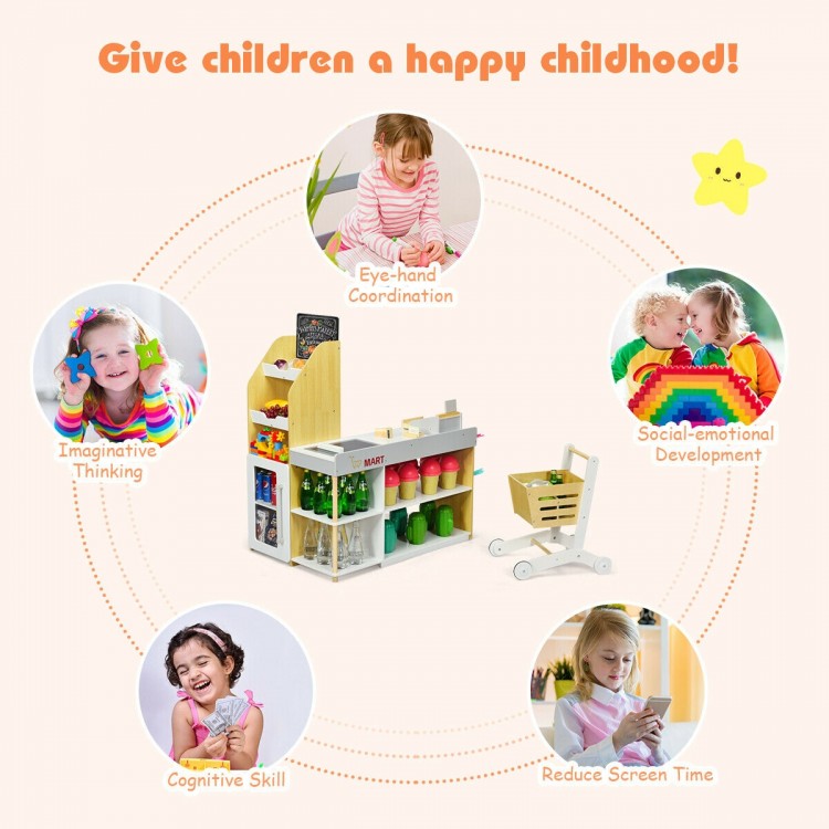 Kids wooden grocery store playset with cart, featuring a checkout counter and accessories for imaginative pretend play.