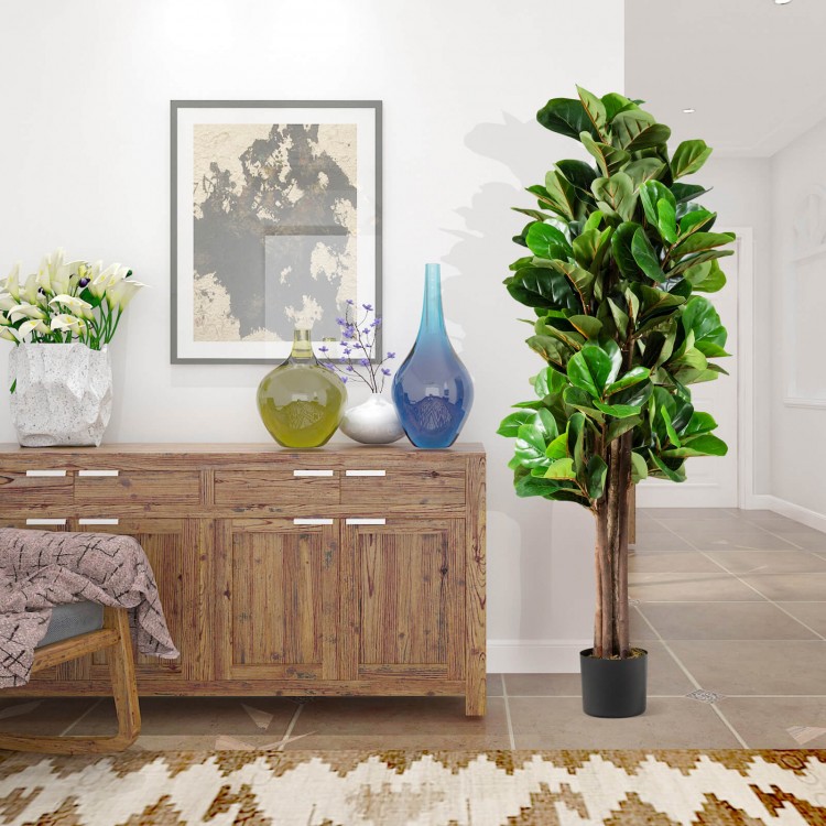 5 feet artificial fiddle leaf fig tree in a decorative planter, featuring realistic leaves and trunks for indoor decor.