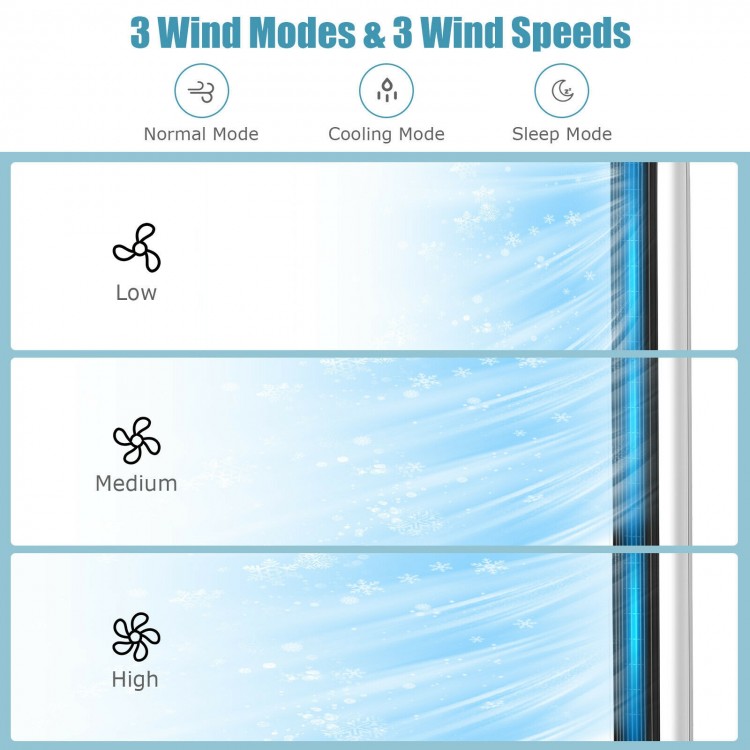 Evaporative air cooler with 3 wind modes and speeds, featuring a clear display and remote control for easy use.