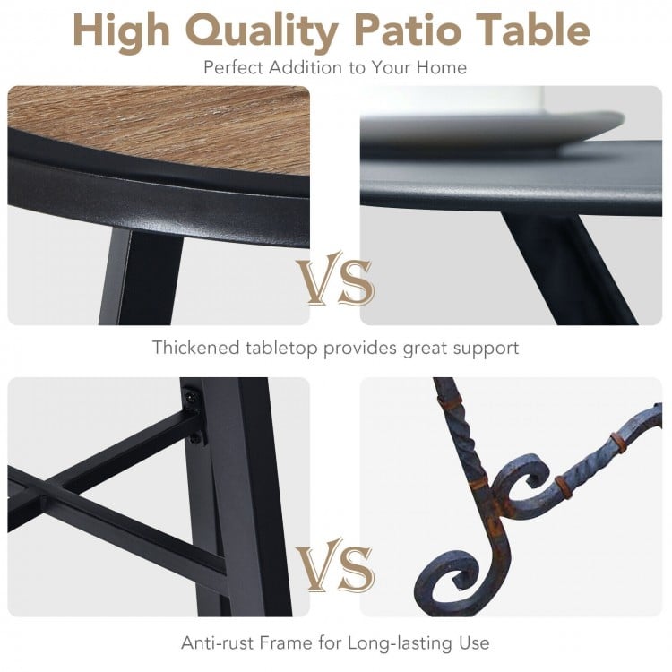 29-inch round patio table with wood-like top and sturdy steel frame, perfect for indoor and outdoor use.
