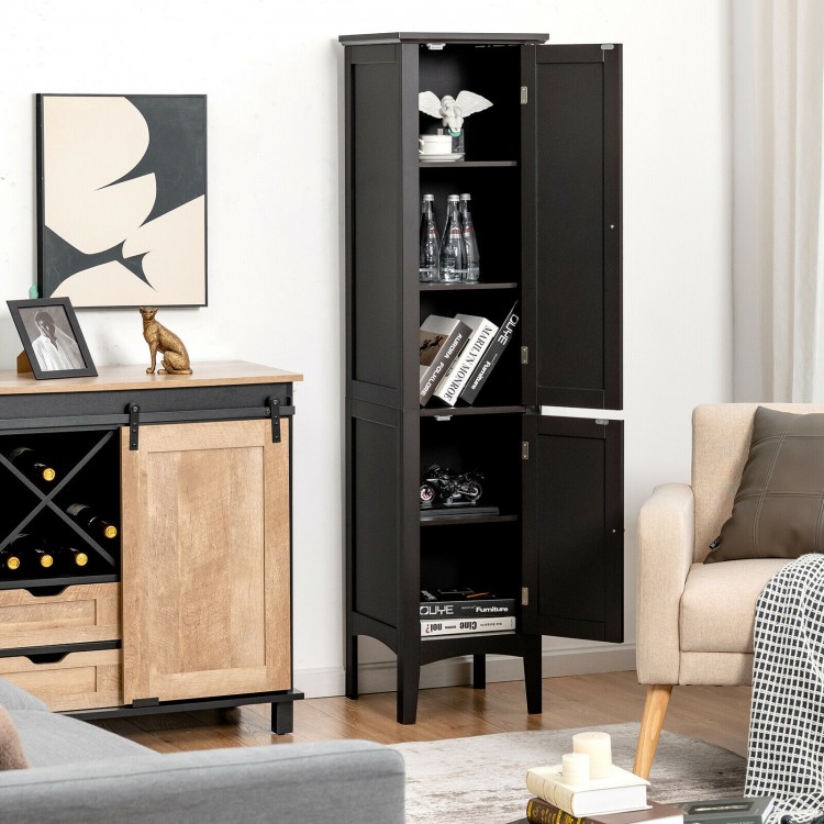 Freestanding black bathroom storage cabinet with five shelves, compact design for maximizing vertical space in small.
