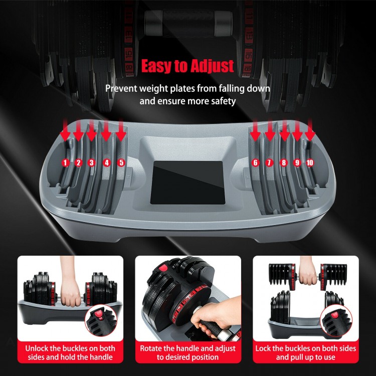 Adjustable 55lbs dumbbell with 18 weight settings and ergonomic handle, ideal for home or office workouts.
