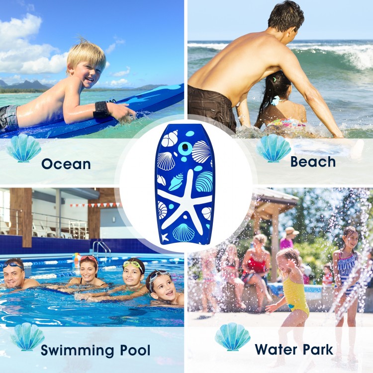 41-inch lightweight bodyboard with crescent tail, ideal for ocean, beach, swimming pool, and water park fun.