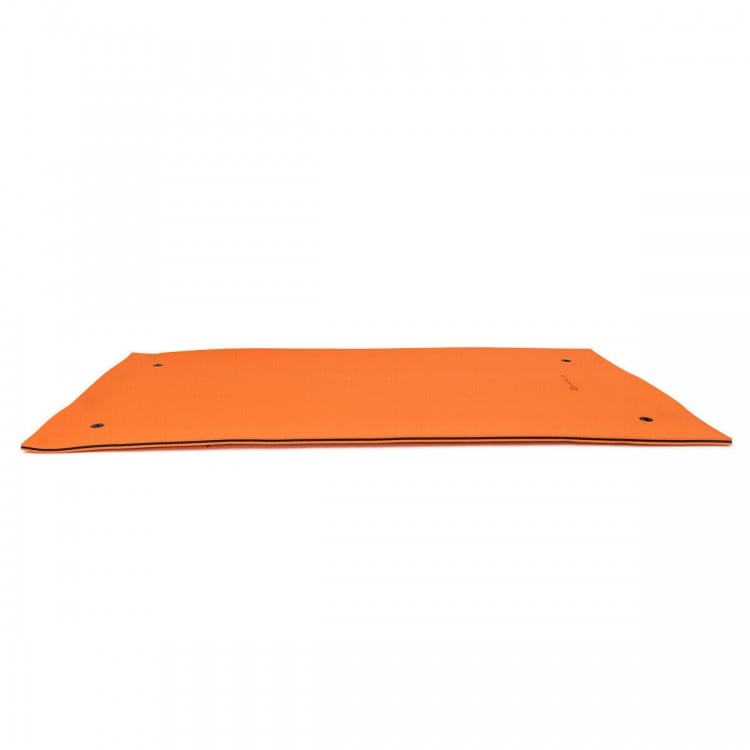 Orange 3 Layer Water Floating Pad viewed from the side, made of eco-friendly XPE foam, supports 4-6 people for relaxing.