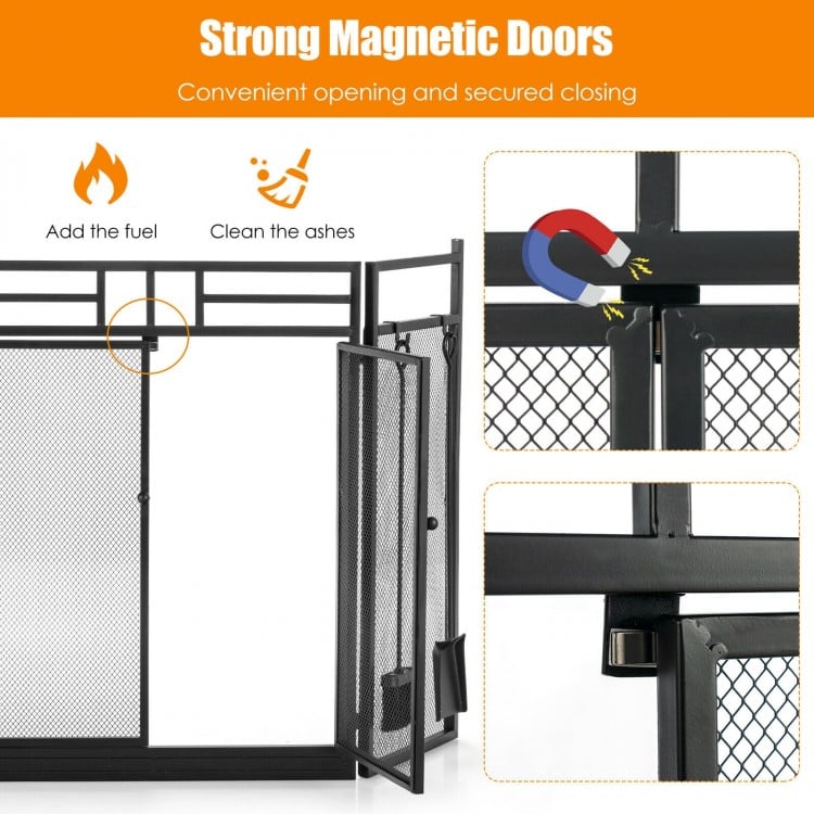 3-panel black wrought iron fireplace screen with strong magnetic doors and tools set for safety and convenience.