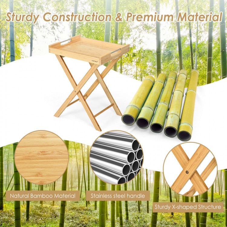 Bamboo lipped multi-functional snack side table with removable tray, stainless steel handles, perfect for outdoor.