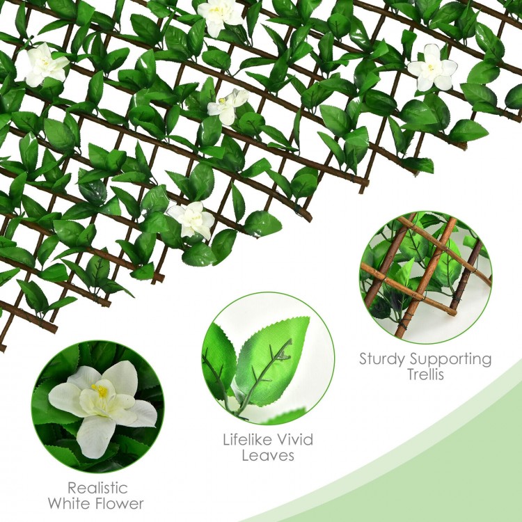 Expandable faux ivy privacy screen fence panel with white flowers, featuring sturdy willow trellis for enhanced.