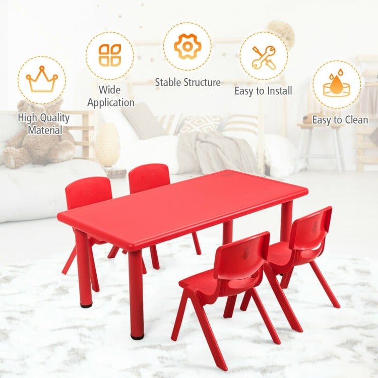 Red kids plastic rectangular table with four chairs, made of HDPE, ideal for preschools and home use, easy to clean.