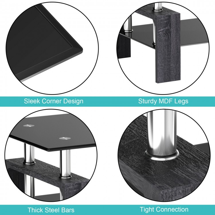 Detail view of the rectangular tempered glass coffee table showcasing sleek corners, sturdy MDF legs, and stainless.