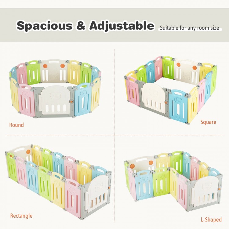 Foldable 14-panel baby playpen in multicolor, adjustable shapes for safe play, made from durable HDPE material.