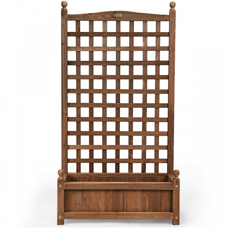 Free standing wood planter box with trellis, made of solid wood, ideal for outdoor gardens and balconies.