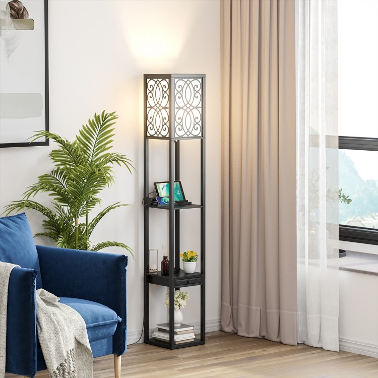 Modern standing shelf lamp with 3 open shelves, 1 power outlet, and 2 USB ports for convenient charging in living.
