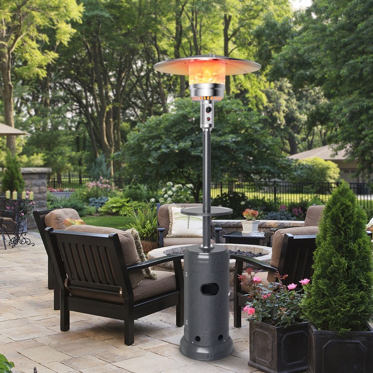 Outdoor propane heater with table and wheels in gray, providing warmth for patio gatherings and ensuring safety with.