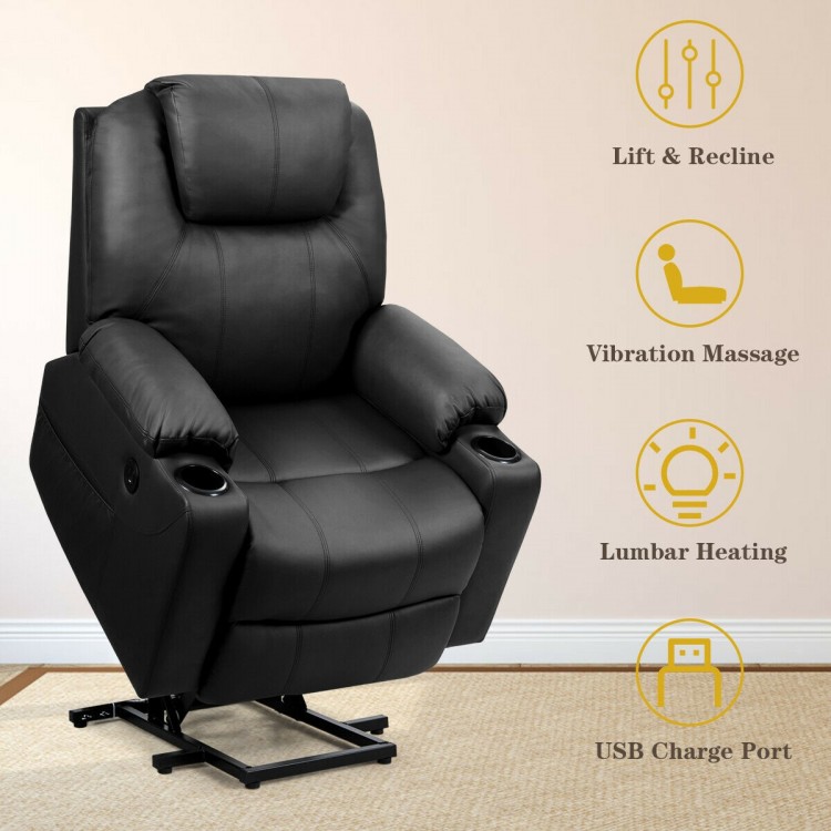 Electric power lift recliner chair in black with massage features, lumbar heating, and USB charging port for ultimate.