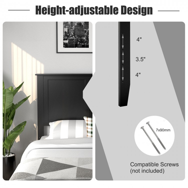 Height-adjustable black wood headboard with pre-drilled holes, ideal for full size bed frames, ensuring easy assembly.