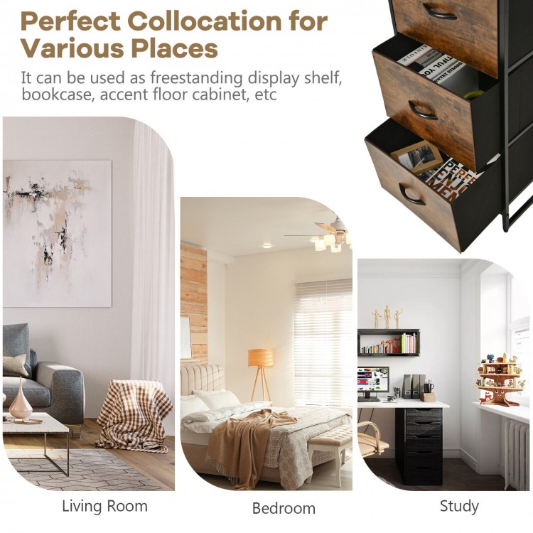 Freestanding vertical dresser in rustic brown with 3 drawers and 3 shelves, ideal for living room, bedroom, or study.
