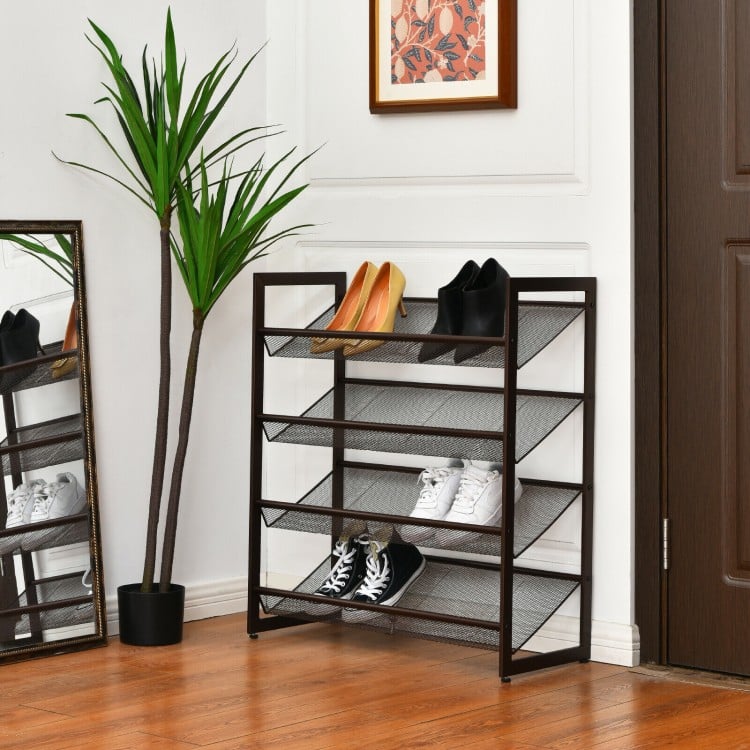 Four-tier metal shoe rack with mesh shelves, ideal for entryways, holding up to 16 pairs of shoes in a compact design.