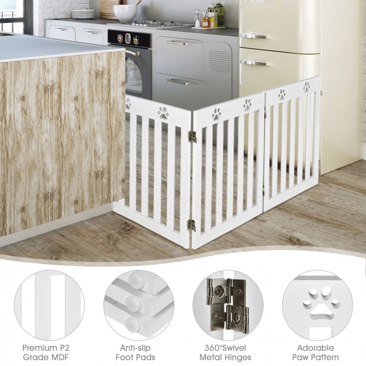 Freestanding 24-inch white wooden dog gate with 360° hinges, ideal for kitchens and doorways, featuring paw print.