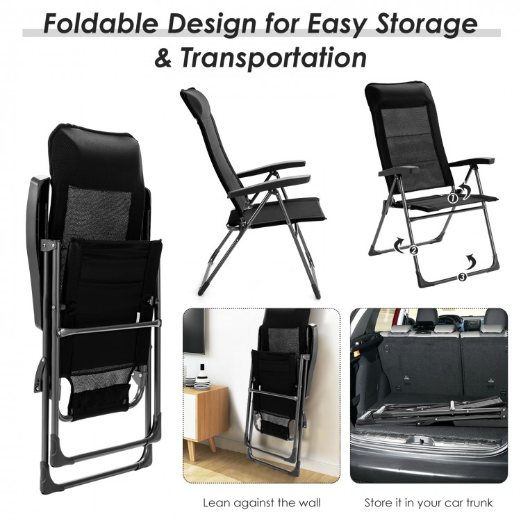 Portable black folding dining chair set with adjustable headrest, ideal for camping and outdoor use, easy to store.