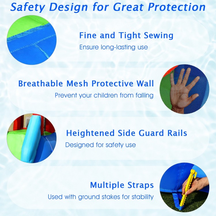 Inflatable kids water slide bounce house with breathable mesh walls and safety guard rails for backyard fun.