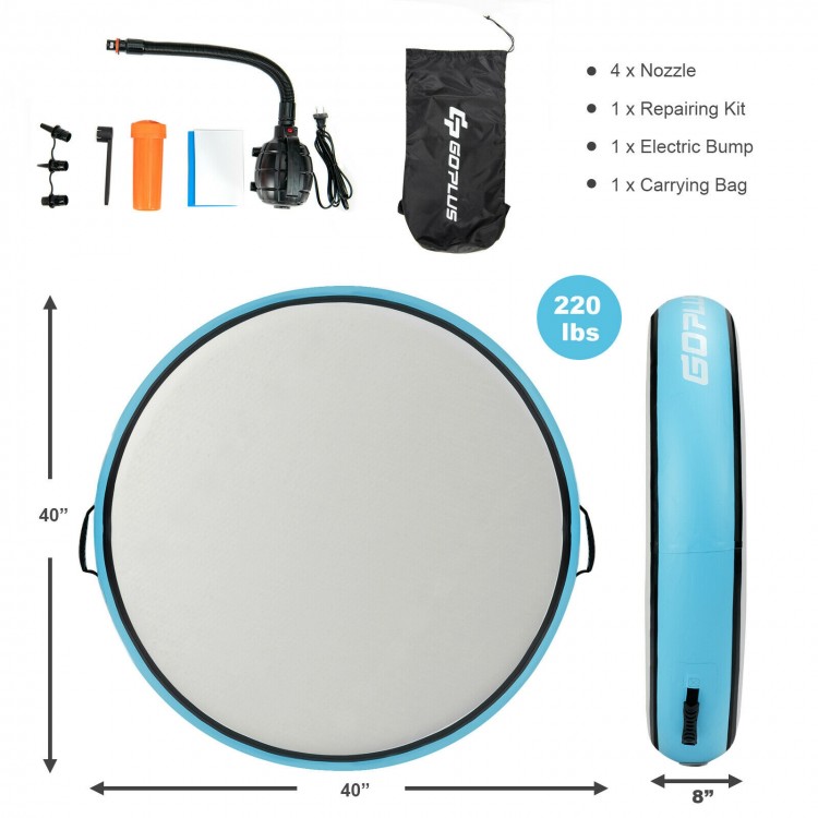 40-inch inflatable round gymnastic mat in blue with electric pump, designed for safe and easy use in various settings.