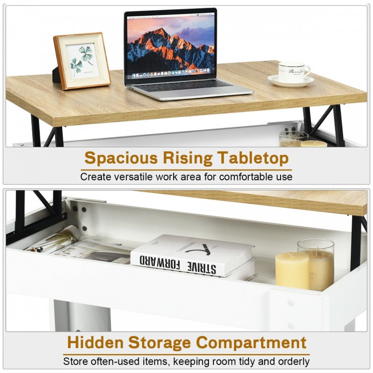 Lift top coffee table in white with spacious rising tabletop and hidden storage compartment for versatile use.