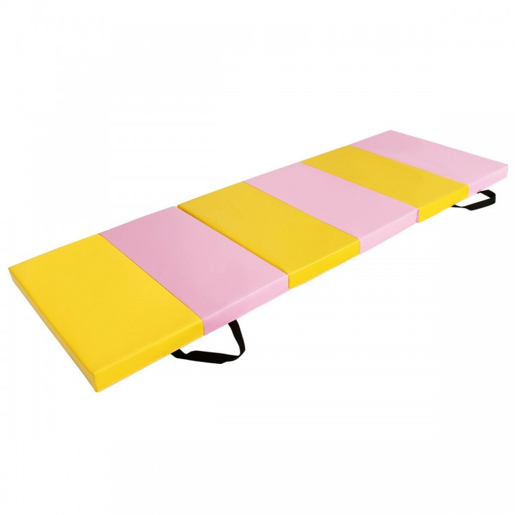 3-fold gymnastics tumbling mat in pink and yellow, made of durable PU leather and high-density EPE foam for safe.