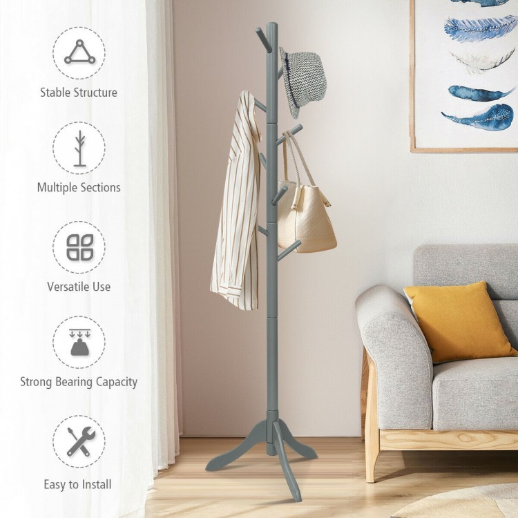 Adjustable gray wooden coat rack with 8 hooks and tri-legged base for stability, perfect for home or office.