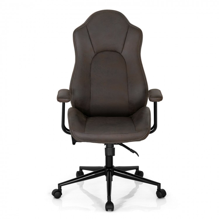 Brown high adjustable back executive office chair featuring a curved, padded seat for enhanced comfort during long work.