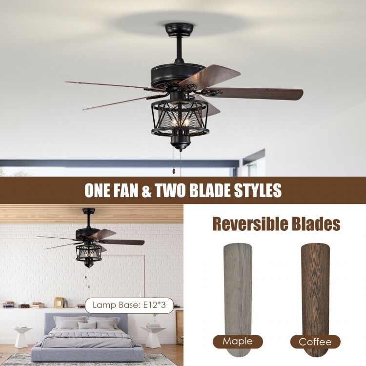 50-inch black ceiling fan with reversible blades, pull chain control, and light fixture for versatile home decor.