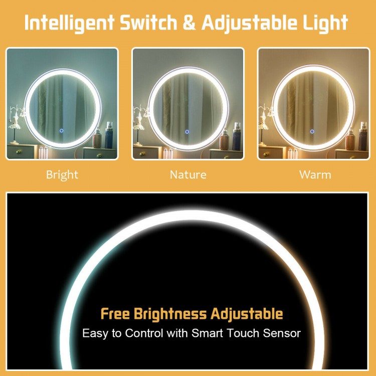 Round LED mirror with adjustable brightness on a black makeup vanity table set, featuring 4 drawers for ample storage.