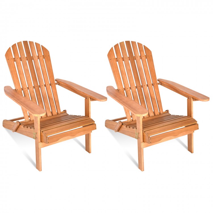 Foldable eucalyptus Adirondack chair set with ergonomic armrests, perfect for outdoor patio relaxation.