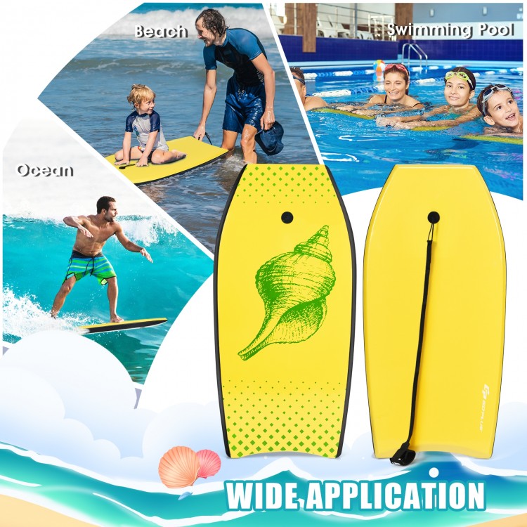 Super lightweight yellow bodyboard with crescent tail, ideal for beach, pool, and ocean water sports.