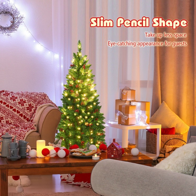 Slim pencil Christmas tree featuring 150 LED lights, pine cones, and red berries, ideal for compact holiday spaces.