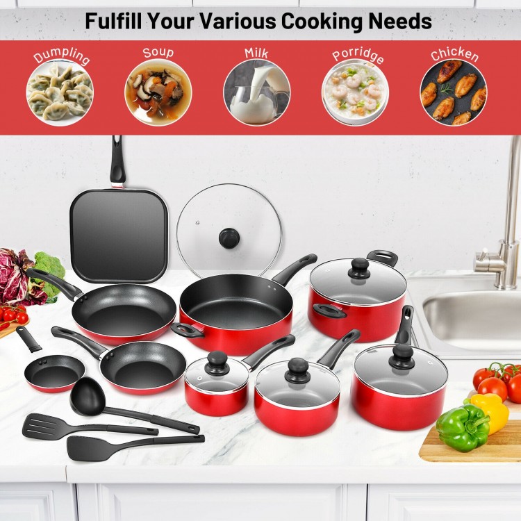 17-piece hard anodized nonstick cookware set in red, including pots, pans, and utensils for versatile cooking needs.