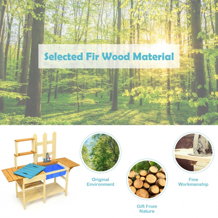 Detail of the kid's outdoor wooden pretend cook kitchen playset featuring natural fir wood construction and smooth.