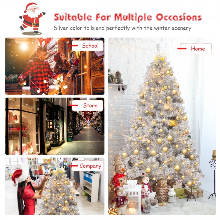 6 feet silver tinsel Christmas tree with 1036 branch tips, perfect for festive indoor and outdoor decoration.