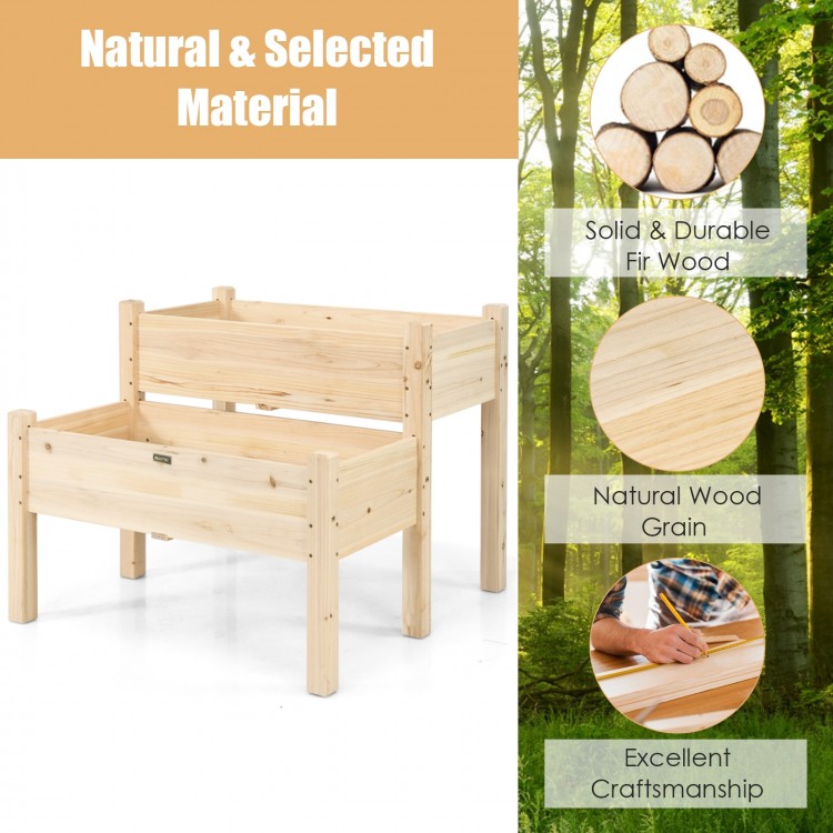 2 Tier Wooden Elevated Planter Box made of solid fir wood with drainage holes, perfect for patio or balcony gardening.