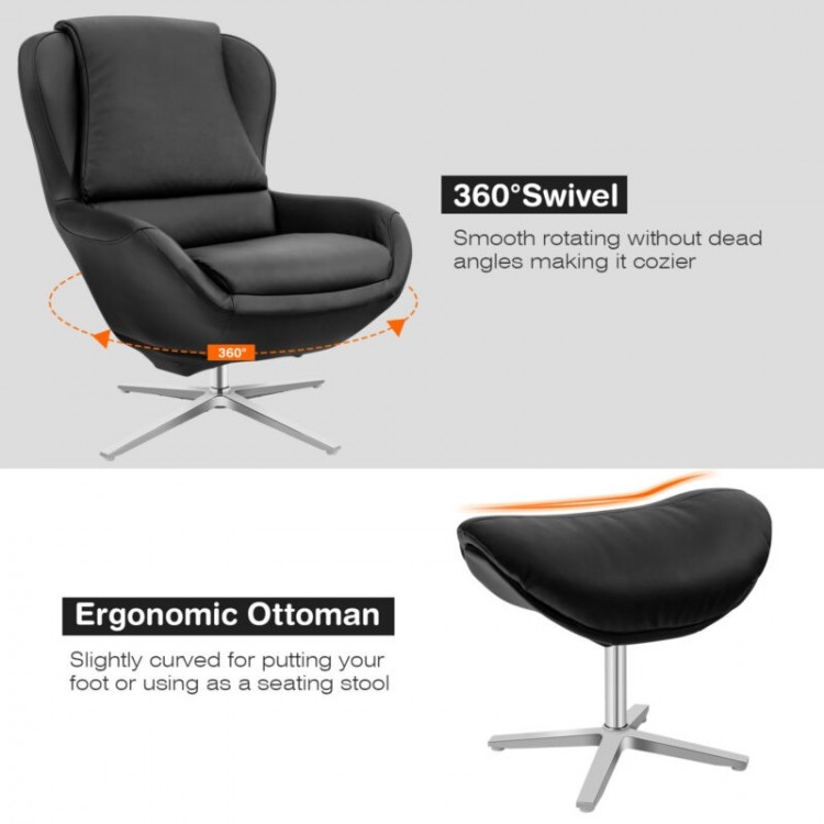 Black 360° swivel leather lounge chair with ergonomic ottoman, featuring an aluminum alloy base for living room comfort.