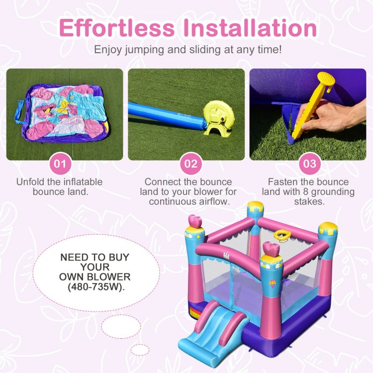 3-in-1 Princess Theme Inflatable Castle with basketball rim, made of premium oxford cloth, suitable for kids' fun.