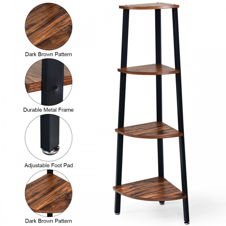 4-tier corner shelf with a dark brown pattern and durable metal frame, ideal for compact spaces in any room.