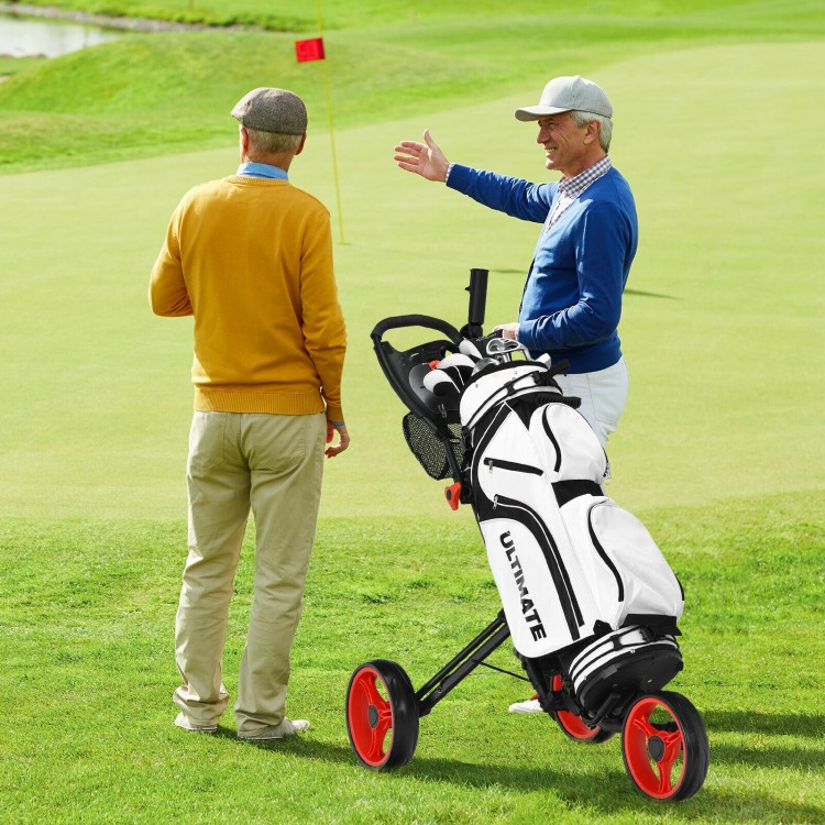 Folding 3 wheels golf push cart with brake, adjustable handle, and scoreboard, shown on the green with golfers.