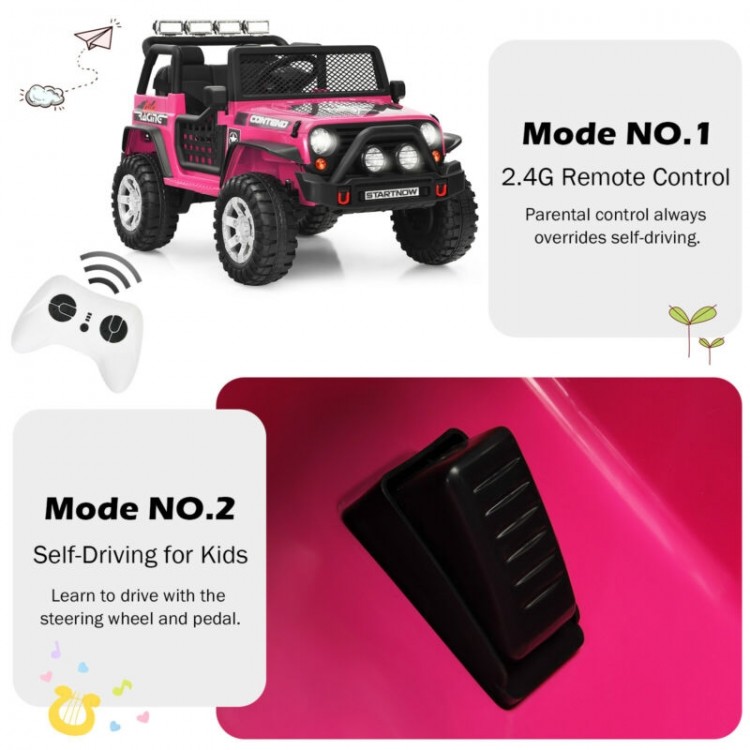 12V pink kids electric ride-on truck with remote control, operational lever, and spring suspension for smooth rides.