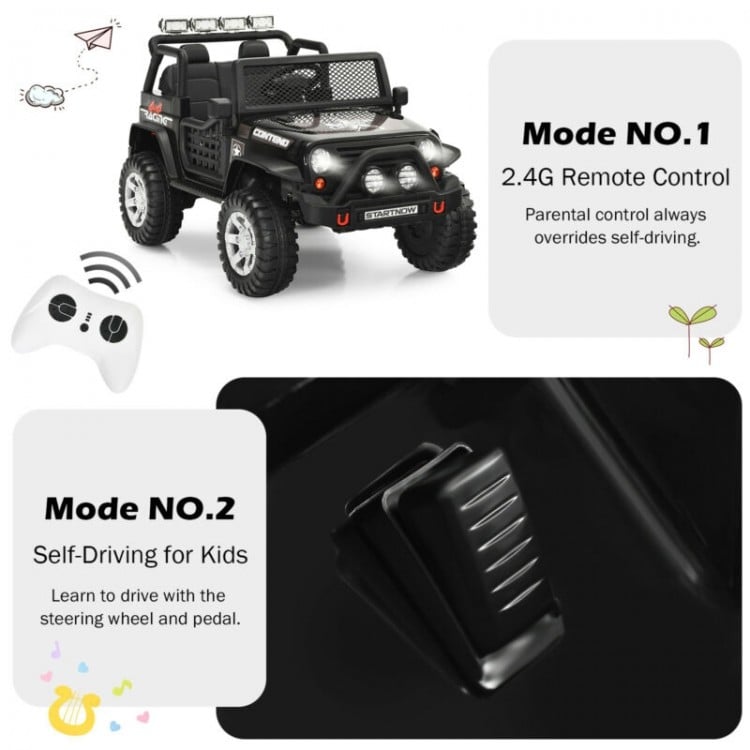 12V kids electric ride-on truck in black with remote control, operational lever, and safety features for fun outdoor.