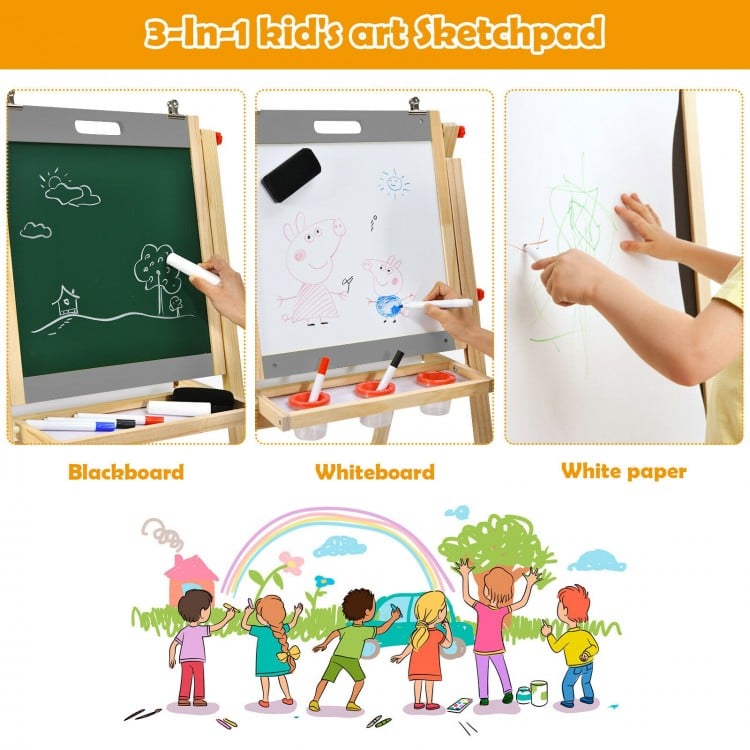 Kids art easel featuring a double-sided chalkboard and whiteboard, with adjustable height and storage for art supplies.