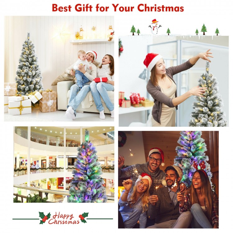 5 feet pre-lit Christmas tree with snow flocked branches and 140 LED lights, perfect for festive holiday celebrations.