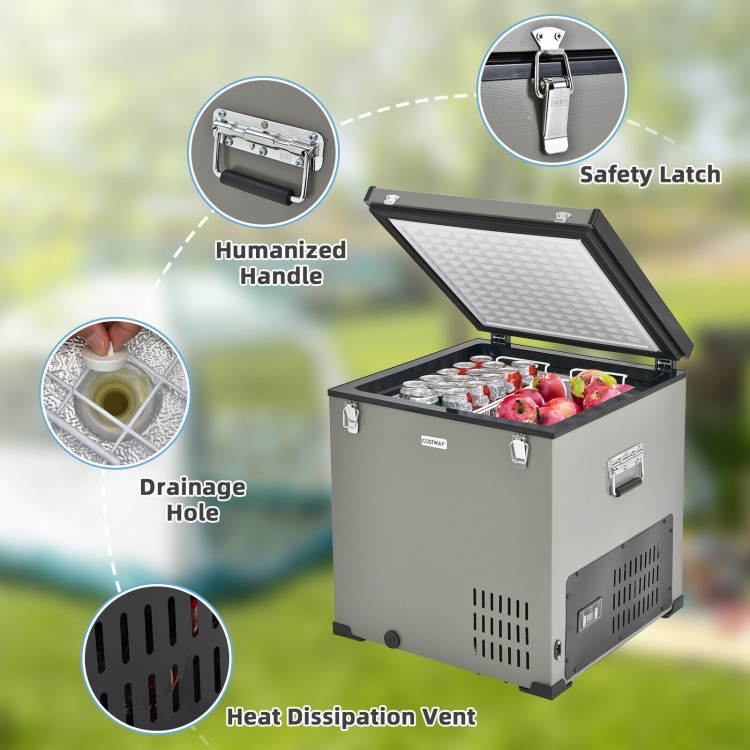 Portable 68-quart car refrigerator in gray with humanized handle, drainage hole, and safety latch for camping and.