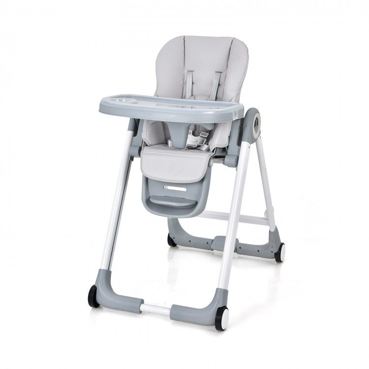 Gray baby folding high chair with adjustable height, removable cushion, and wheels for easy transport and storage.