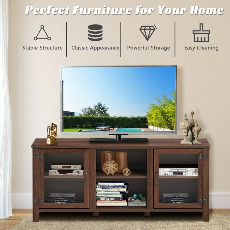 Walnut TV stand with tempered glass doors, 2-tier shelves, and spacious design for up to 65" TVs, ideal for living.