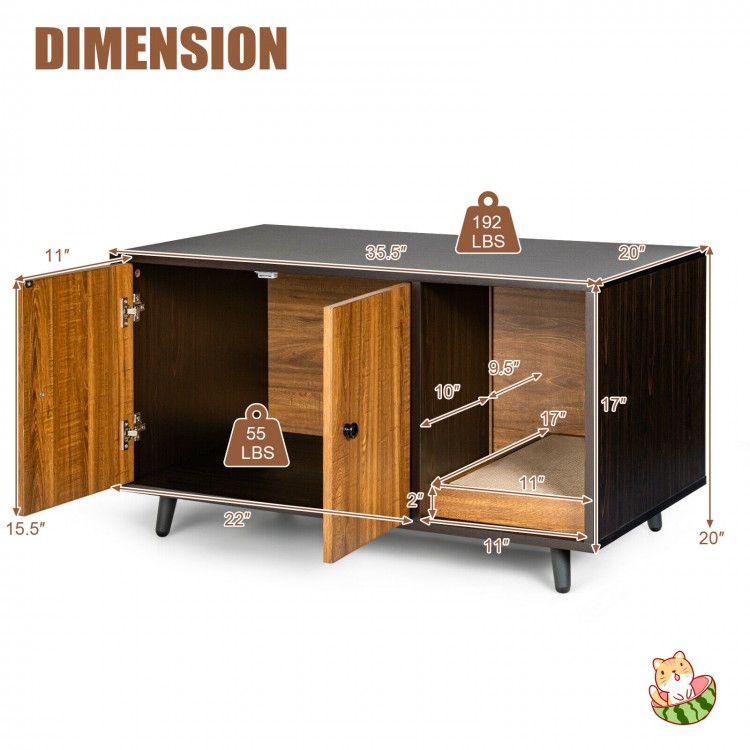 Cat litter box enclosure in brown with double doors, divider, and scratching pad for a stylish and functional pet space.